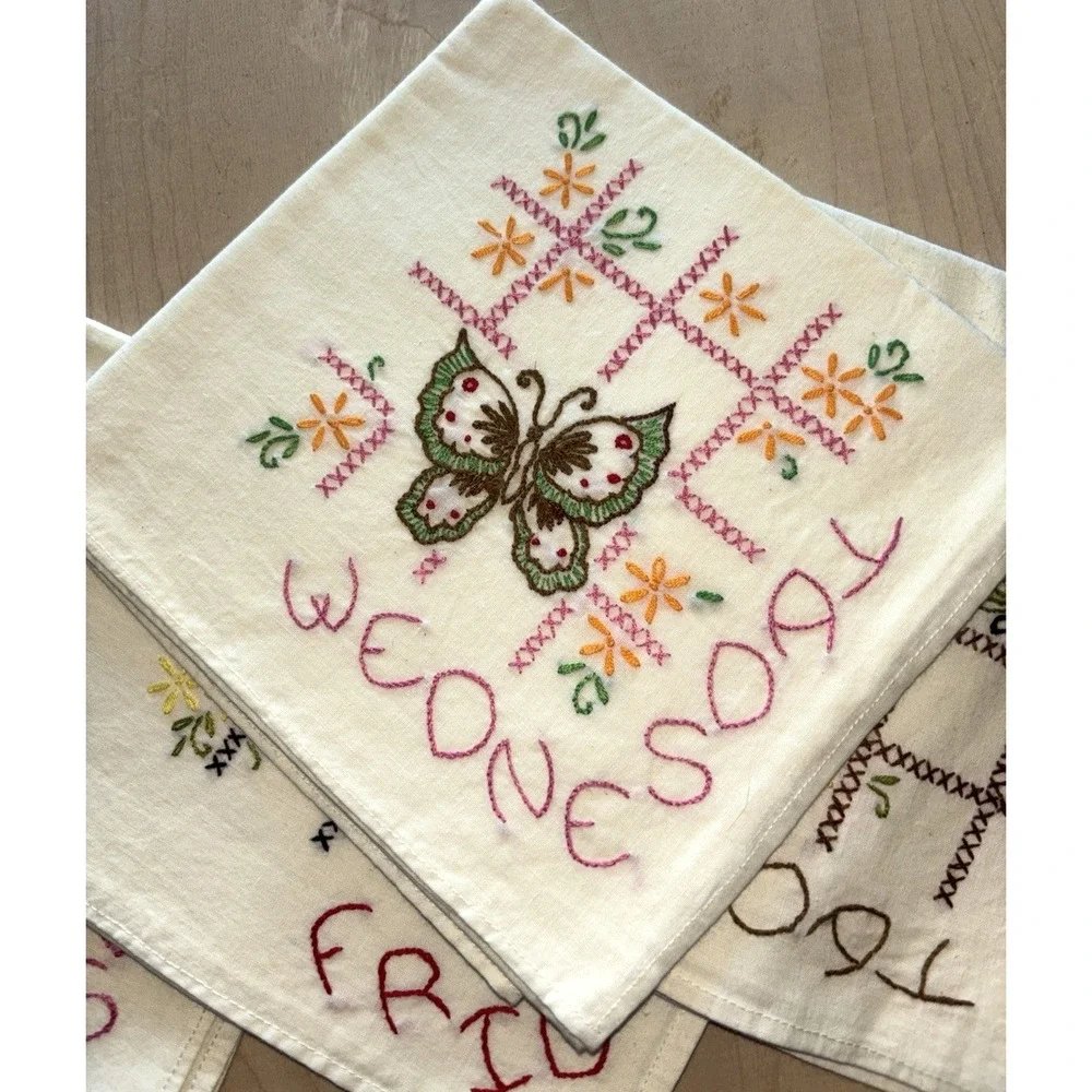 Vtg Days of the Week Kitchen Towels Sunday-Saturday Butterfly Hand Embroidered